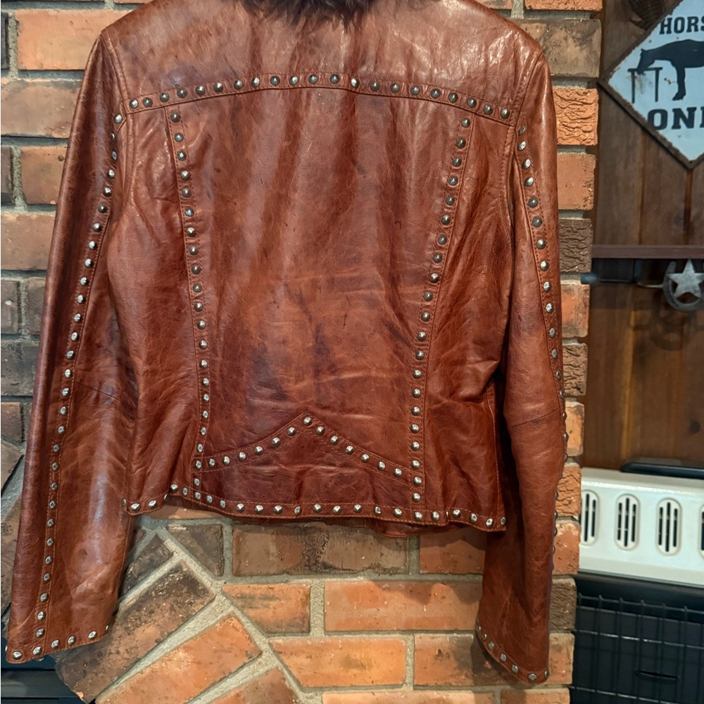 Women’s Brown Studded Leather Jacket with Fur Collar - Picture 2 of 5